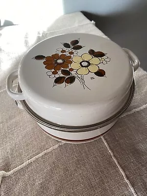 VINTAGE 1980 Sears GHC Brown Flower Enamel Cook Pot With  Lid 4.5  T 7.5  W • $23