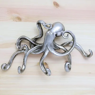 Silver Octopus Resin Wall Hanging Triple Hook Coats Keys Hanger Antique Nautical • £34.95