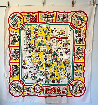 Vtg Souvenir Tablecloth California Map 1950s Hollywood Cable Cars San Diego Etc • $55