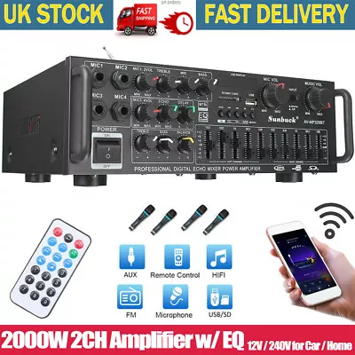 2000W 2CH Bluetooth HiFi Power Amplifier USB SD Stereo Karaoke Theater Car Home • £39.80