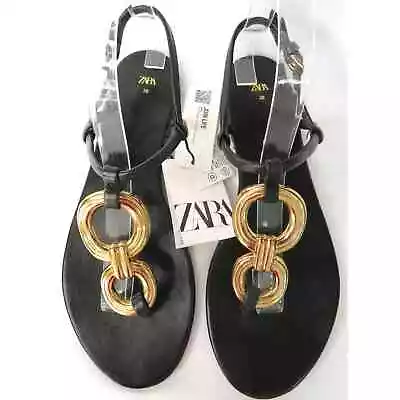 ZARA New Black Leather Thong Flat Sandals W/ Gold Rings Detail Women 7.5 EU 38 • $42