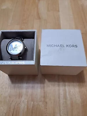 Michael Kors Silver Black Leather Band MK LOGO Watch - MK2458 Needs Battery. • $50