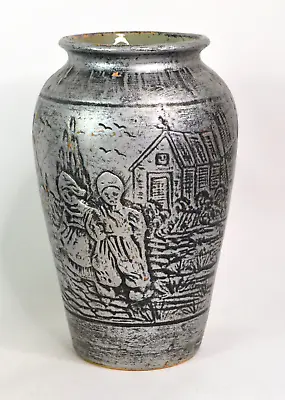 Vintage Canadian Medalta 9.5  Relief Vase Pioneer Cabin • $62.19