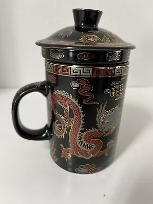 NEW Chinese Dragon Ceramic Porcelain Tea Cup Coffee Mug Infuser&lid Black/Gold • $18.96