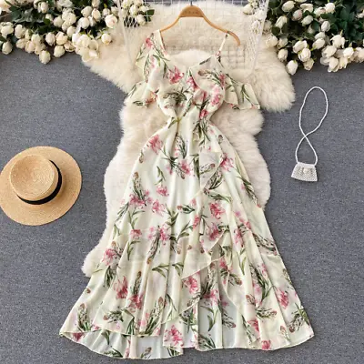 Women Romantic Ruffles SplitChiffon FlowerPrint One-shoulder Vacation Long Dress • $43.26