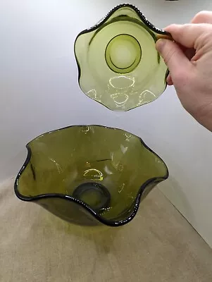 Vintage Anchor Hocking Avocado Green Scalloped Glass Bowls Chip & Dip Set MCM • $27.99