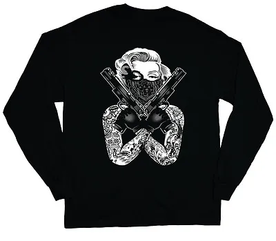 Long Sleeve T-shirt For Men Marilyn Monroe Gangster Pose Guns Tattoo Tee Shirt • $12.95