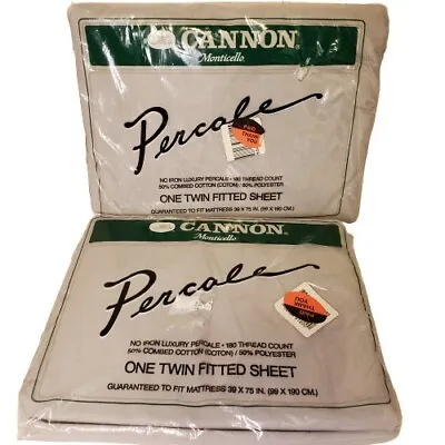 2 Cannon Monticello Percale Gray No-Iron Twin Fitted Sheets 180 Thrd Count VTG • $24.29