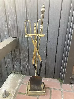 Vintage MCM Solid Brass Fireplace Set Of 2 Tools Shovel & Tongs • $29.99