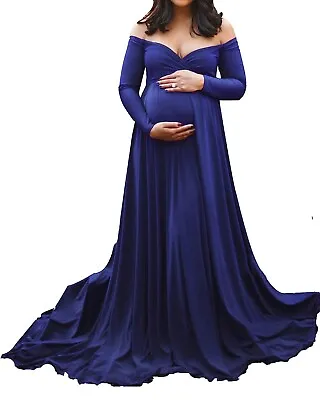 Maternity Off Shoulder Half Circle Baby Shower Photo Blue Dress Gown Large • £40.54