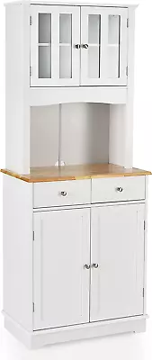 Kitchen Pantry Cabinet With Glass Doors Countertop Drawers And Adjustable Shel • $312.99