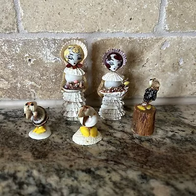 Vintage Hand Crafted 2 Sea Shell Doll Folk Art Lady Figurines 2 3/4  W/  3 Birds • $75