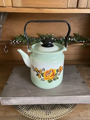 Vintage Russian Flower Enamel Green Teapot/Kettle W/Handle Farmhouse Decor NICE! • $39.99