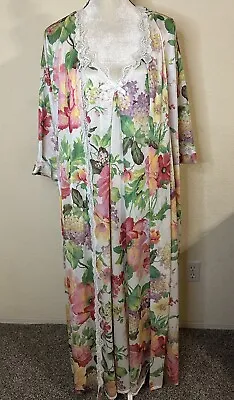 Vintage Floral Satin Long Peignoir Nightgown & Robe Set Sz Lg • $45