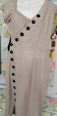 £15 • Buy Dress Ellos Linen Mix Fleck Beige Button Front Side Zip Size 40