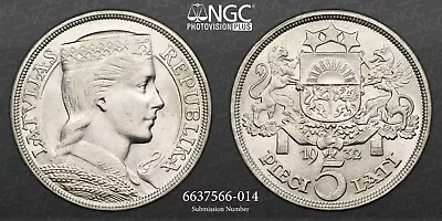 1932 Latvia (Republic). Beautiful Silver 5 Lati Coin. Key-Date! NGC MS-62! • $330.65