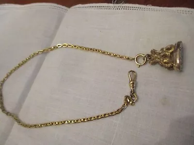 Antique Signed 12K Gold Filled  Pocket Watch Chain W Fob Charm  13   3/4  Fob • $38