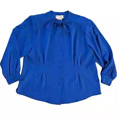 Vintage Oscar De La Renta Plus Size Button Down Front Tie Blue Blouse - Sz 22W • $55