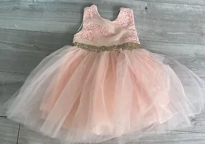 Flower Girl Bridesmaid Dress Lace Tutu Wedding Age 5-6 Lace Sparkle Peach Pink • £17.99