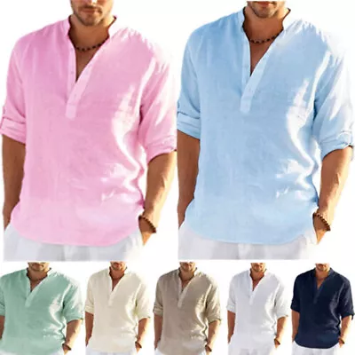 Mens Cotton Linen Beach Shirts Summer Grandad Solid Casual T Shirt Blouse Tops • £9.99