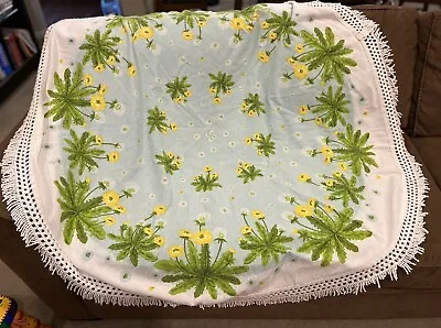 Vintage Round Terrycloth Table Cloth Fringe Dandelion Print Terry 60 In Diameter • $34.95