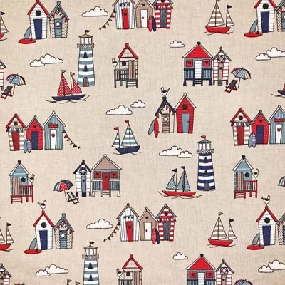 Cotton Rich Linen Look Fabric Nautical Beach Huts Lighthouses Sail Boats • £4.50