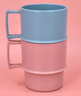 Vintage 2 Tupperware Pastel Blue Pink Stacking Mugs Set Handle Travel Camping • $12