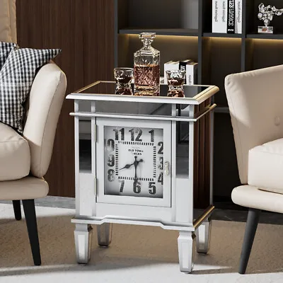 Mirrored Side End Table Coffee Table With Clock For Living Room Bedroom Cabinet • £119.94