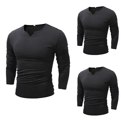 Mens V Neck Basic T Shirt Long Sleeve Muscle Slim Fit Sport Gym Under Tee Tops • £1.89