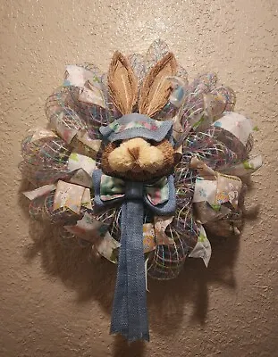 Easter Bunny Wreath - Blue - Mesh And Ribbon - Hand Crafted • $40