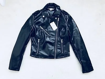 NEW Women PETITE Black Biker Leather Jacket Size UK 6  From Miss Selfridge • £30