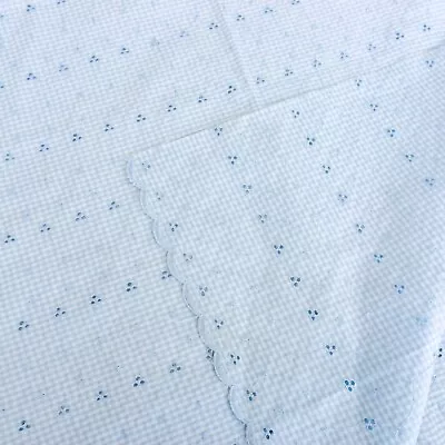 Vintage Blue Gingham Check Fabric Scalloped Edge Embroidered Remnant 44  X 46  • $4.99