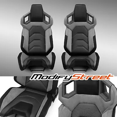 Pure Black+Gray Reclinable PVC Car Racing Seats Pair [Pure Series] W/Slider L&R • $410