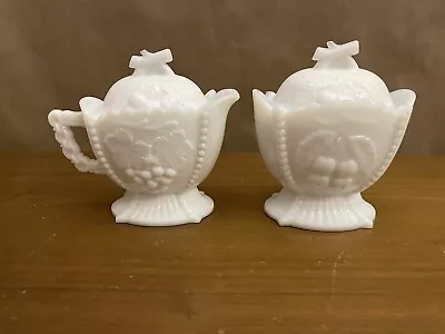 Westmoreland Paneled Cherry And Grapes Milk Glass Creamer & Sugar Vtg 1960's • $13.12