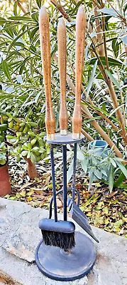 Vintage Mid-Century Long Wood Handle & Iron 4 Pc Fireplace Tool Set 32  Tall • $225