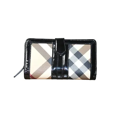 Burberry Black Patent Leather And Nova Check Coated Canvas Wallet • $189.95