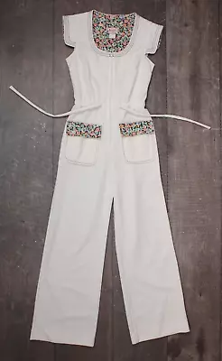 Vtg Women's 70s White Jumpsuit W/ Pastel Floral Trim 1970s XS/S Jerell Of Texas • $89.99