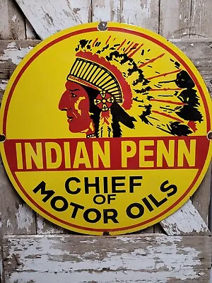 Vintage Indian Penn Porcelain Sign 30  Gas Station Chief Of Motor Oil Service • $494.29
