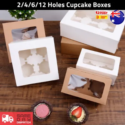 Cupcake Box Cases 2/4/6/12 Hole Window Face Cases Mini Cake Muffin Party Wedding • $11.45