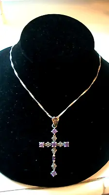 Amazing Amethyst & Marcasite Sterling Silver 2.5 Inch Cross Pendant Necklace • $45