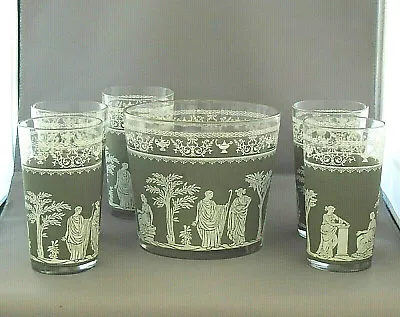 Jeannette Jasperware Hellenic 6 Pc Vintage Glasses Wedgewood Green W/ Ice Bucket • $36.99