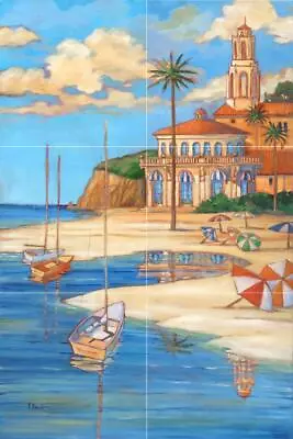 Ceramic Backsplash Tile Mural Beach Scene Seaside - Mediterranean Beach Club 2 • $72