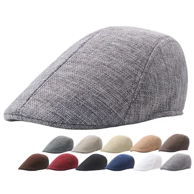 Mens Flat Cap Tweed Black Peak Hat Herringbone Newsboy Cap Peaked Painter Cap • £5.46