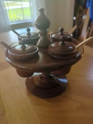 MCM Wooden Condiment Caddy W/4 Containers And 4 Spoons • $19.50