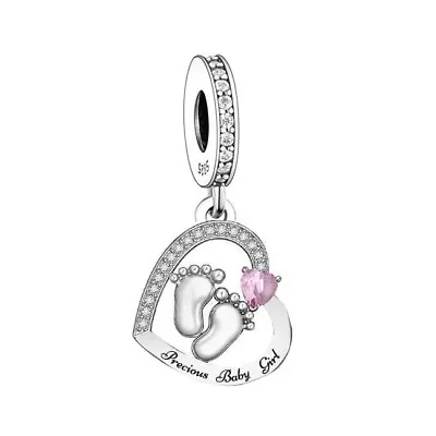 Baby Girl Footprints Charm 💖 Feet Love Heart Genuine 925 Sterling Silver Bead   • £16.95