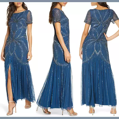 NEW Pisarro Nights Beaded Short Sleeve Mermaid Gown In Blue [SZ 6 ] #F927 • $179.99