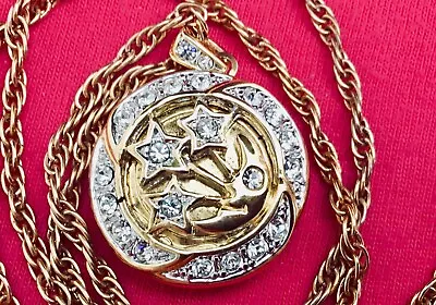 Vtg Gold Tone White Rhinestones Moon And Stars Women's Locket Pendant Necklace • $69