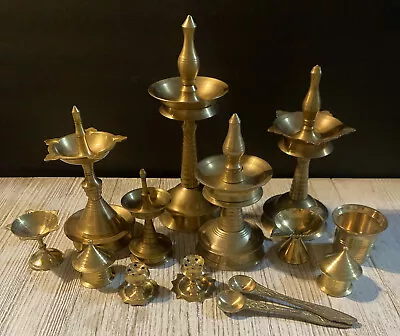 16pc Old Vintage Decorative Indian Religious Brass Diya - Worship Oil Lamp • $159.99