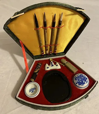 Vtg Chinese Calligraphy Brush Set Complete Silk Box • $14.27