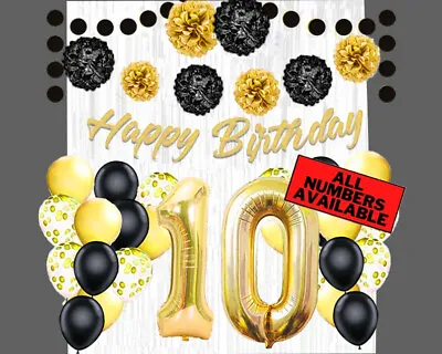 Gold & Black 10th Birthday Decorations - 40  Number Balloons & More -Boy Or Girl • £28.94